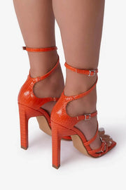 Orange Croc Print Faux Leather Strappy Buckle Detail Square Toe Sculptured Block Heel - MomyMall