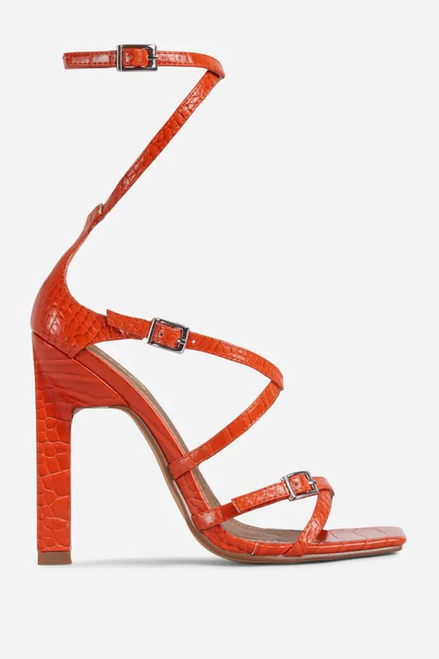 Orange Croc Print Faux Leather Strappy Buckle Detail Square Toe Sculptured Block Heel - MomyMall