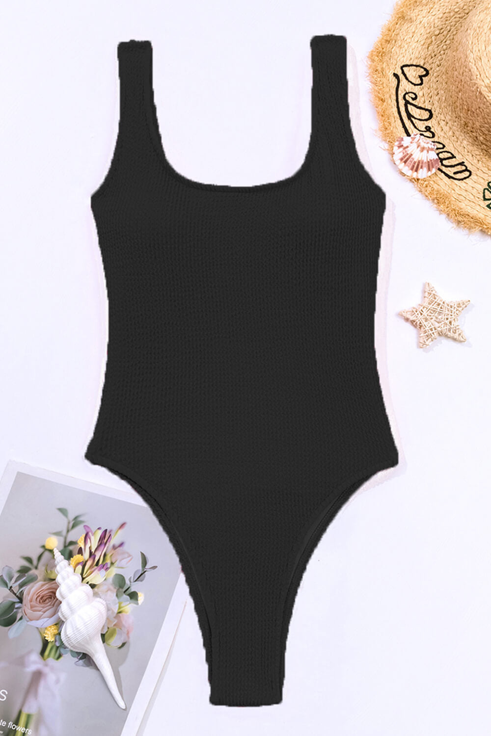 Black Crinkle High Leg One Piece Swimsuit - MomyMall