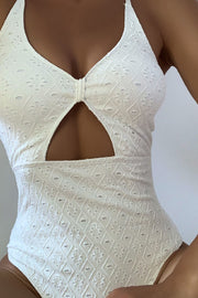 White Eyelet Cut Out Knot One-Piece Swimsuit