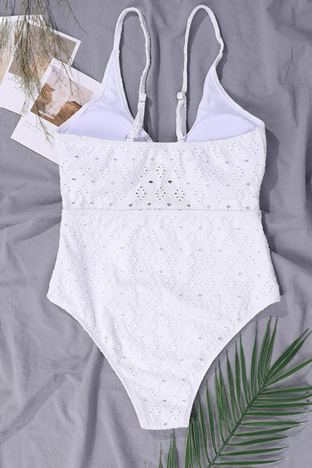White Eyelet Cut Out Knot One-Piece Swimsuit