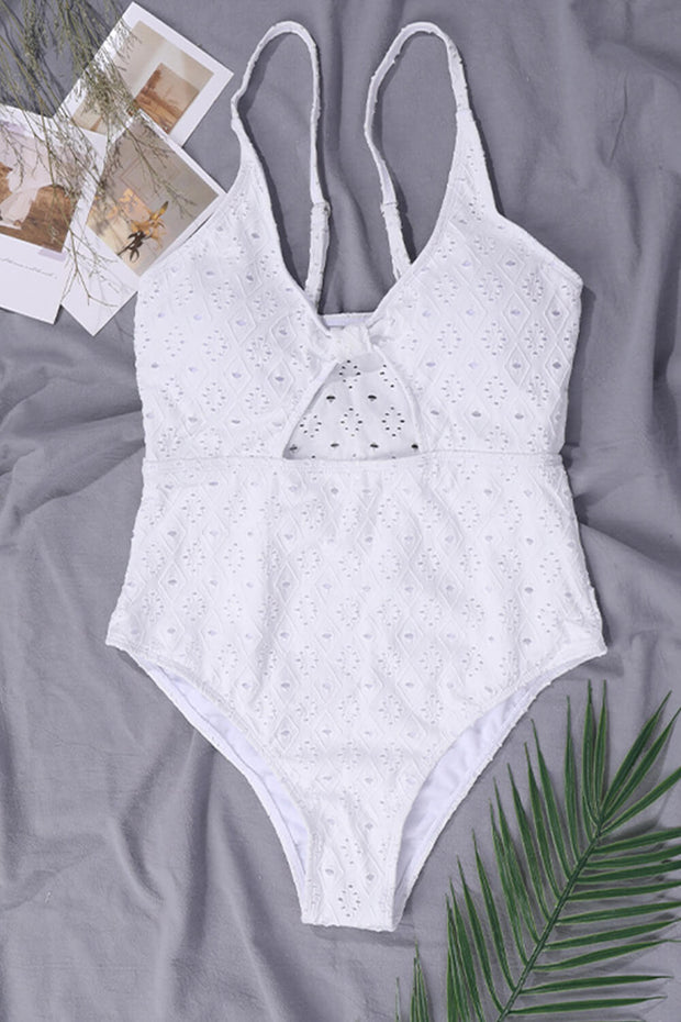 White Eyelet Cut Out Knot One-Piece Swimsuit