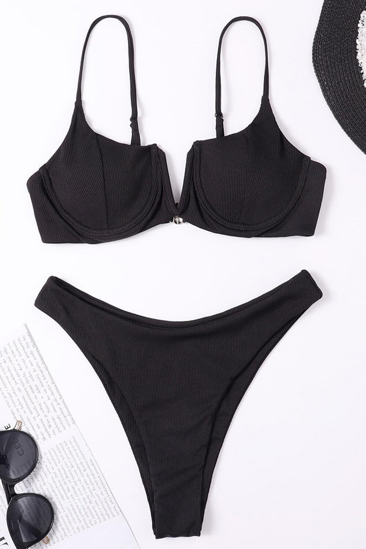 Black Ribbed Front V Underwire Bikini Top - MomyMall