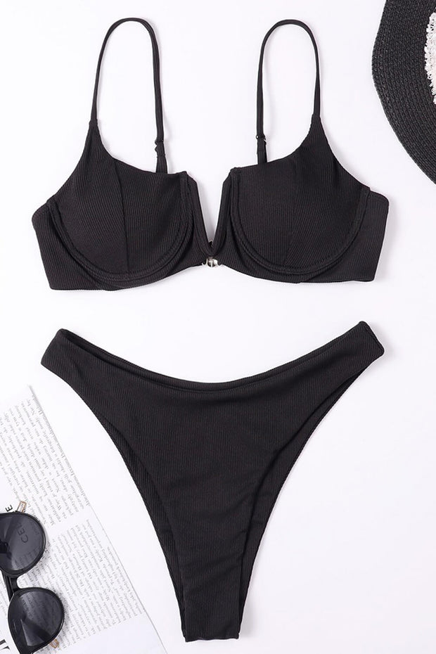 Black Ribbed Front V Underwire Bikini Top - MomyMall