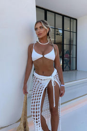 White Ribbed Bikini Top With Gold Square Ring Detail