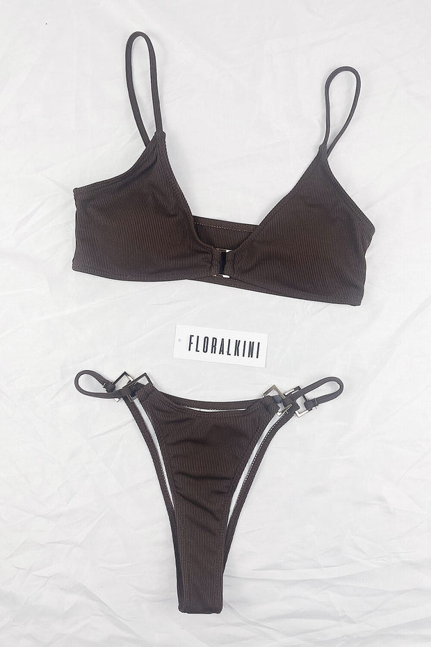 Chocolate Ribbed Bikini Top With Gold Square Ring Detail - MomyMall