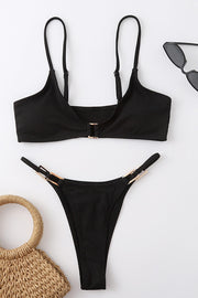 Black Ribbed Bikini Top With Gold Square Ring Detail