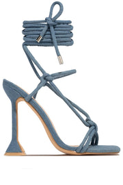 Denim Lace Up Square Toe Sculptured Heel - MomyMall