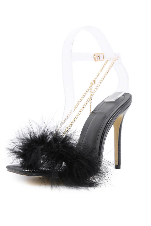 Black Faux Lizard Fluffy Chain Stiletto Heels