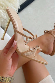 Nude Patent Bow Detail Stiletto Mules
