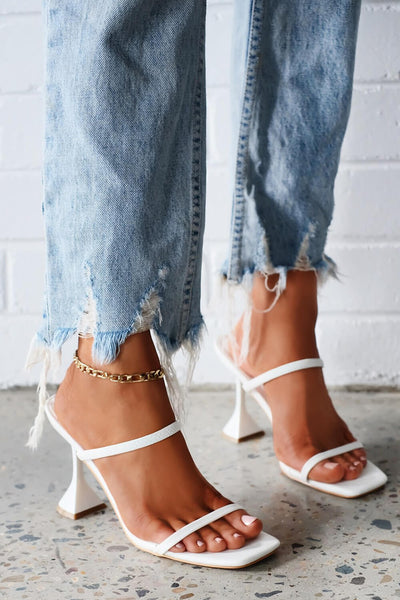 White Strappy Peep Toe Sculptured Heeled Mules