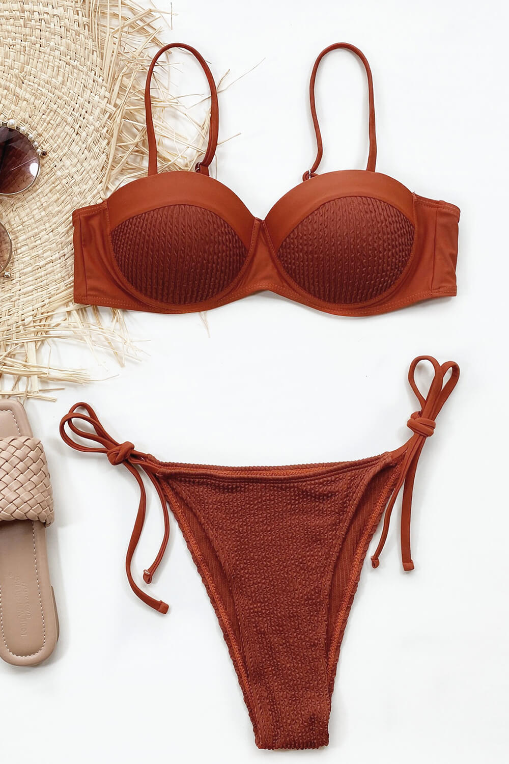 Rust Smocked Tie Side Bikini Bottoms