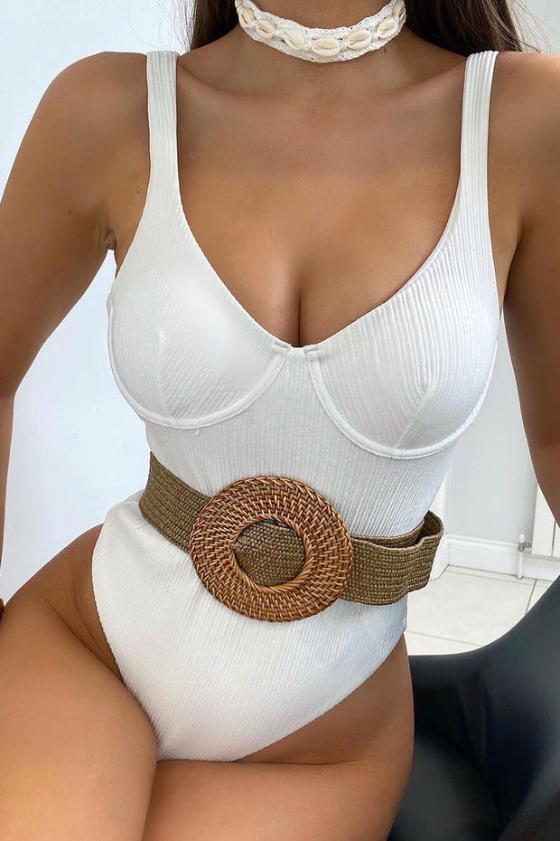 White Ribbed Underwire One Piece Swimsuit - MomyMall