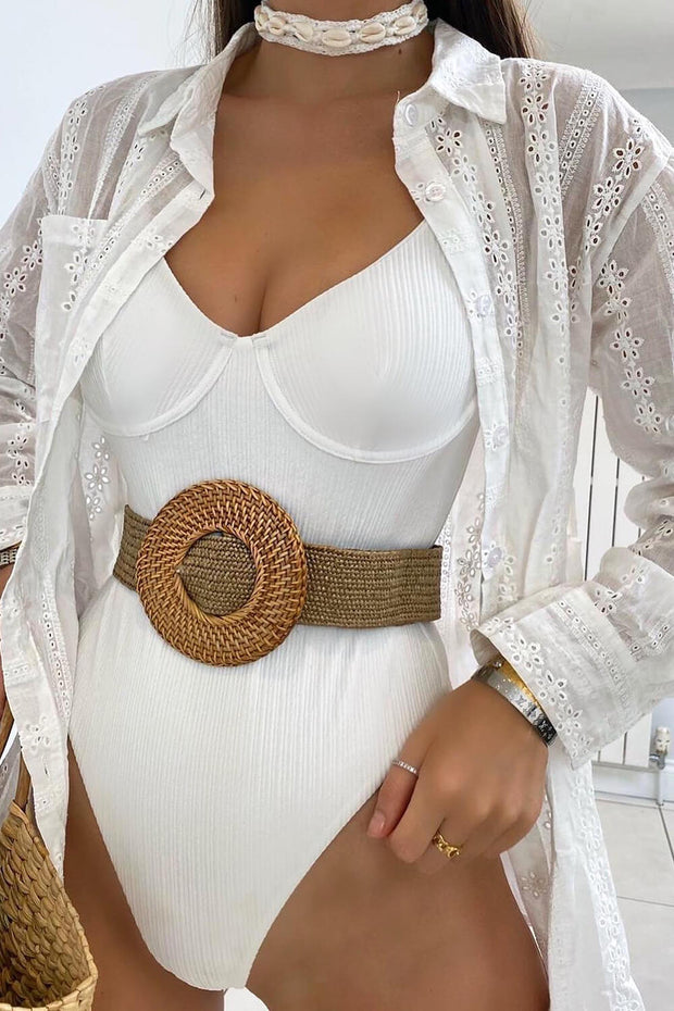White Ribbed Underwire One Piece Swimsuit - MomyMall
