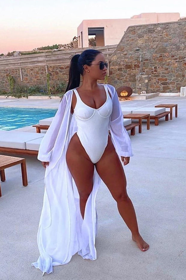 White Ribbed Underwire One Piece Swimsuit - MomyMall