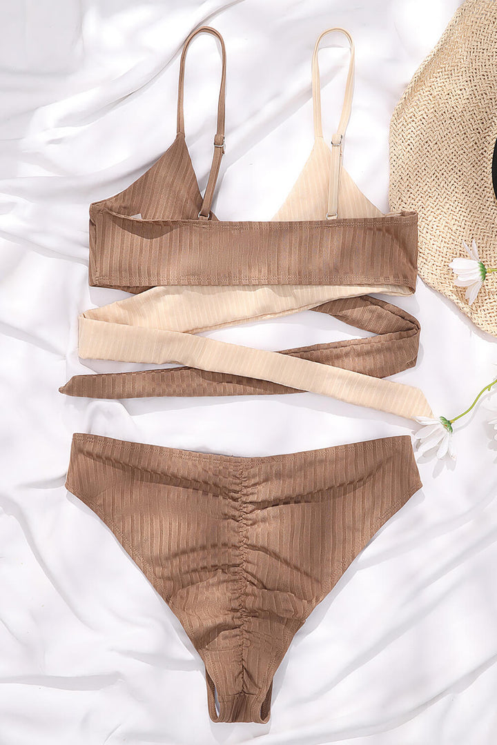 Beige Rib Criss-Cross Colorblock Spliced Bikini Top - MomyMall
