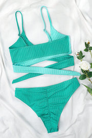 Teal Rib Criss-Cross Colorblock Spliced Bikini Top