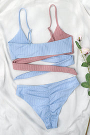 Skyblue Rib Colorblock High-Waist Bikini Bottoms