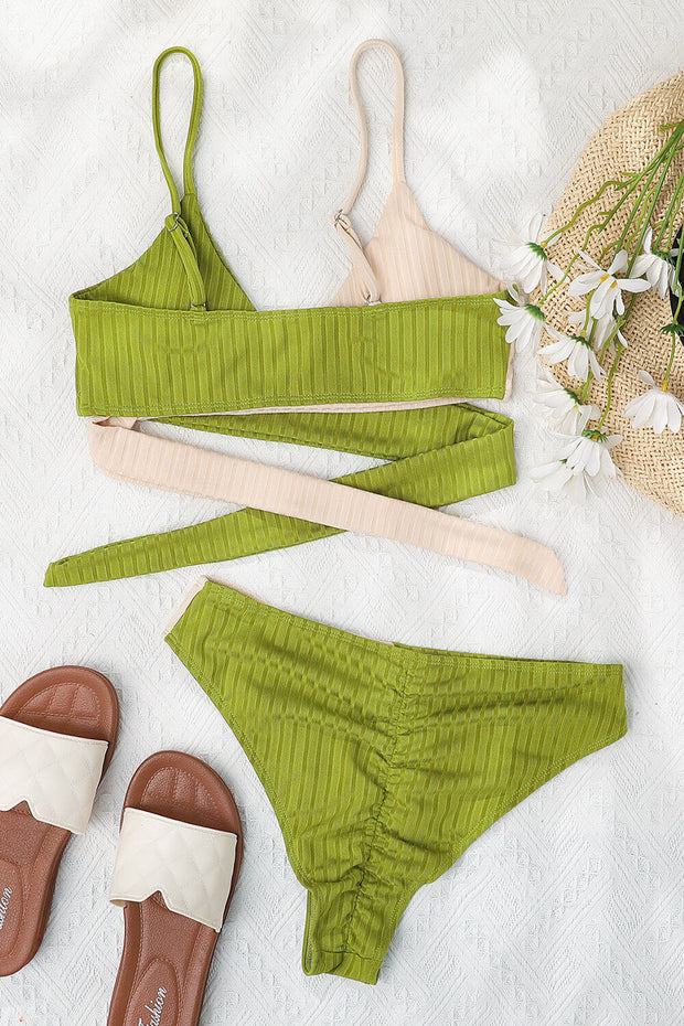 Lightgreen Rib Colorblock High-Waist Bikini Bottoms - MomyMall