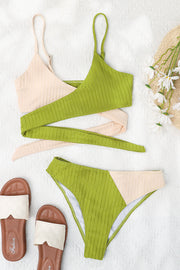 Lightgreen Rib Colorblock High-Waist Bikini Bottoms - MomyMall