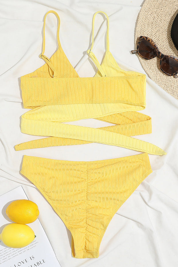 Yellow Rib Colorblock High-Waist Bikini Bottoms - MomyMall