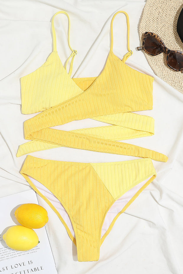 Yellow Rib Criss-Cross Colorblock Spliced Bikini Top - MomyMall