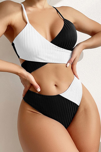 Bas de bikini taille haute côtelé noir color block