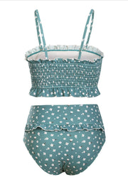 Light Blue Floral Ruffle Trim High Waist Bikini Bottom - MomyMall