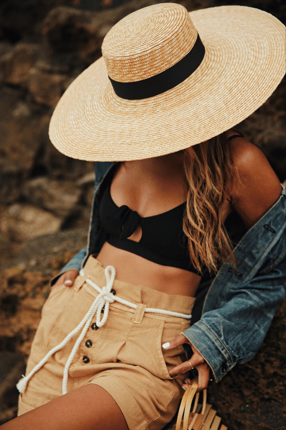 Black Ribbon Trimmed Wheat Straw Boater - MomyMall