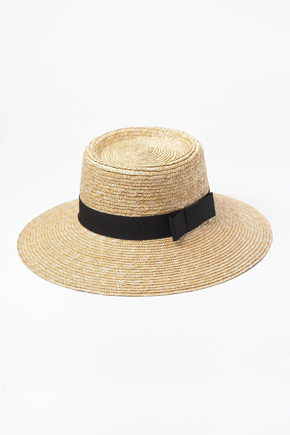 Black Bow Trimmed Wheat Straw Flat Boater - MomyMall