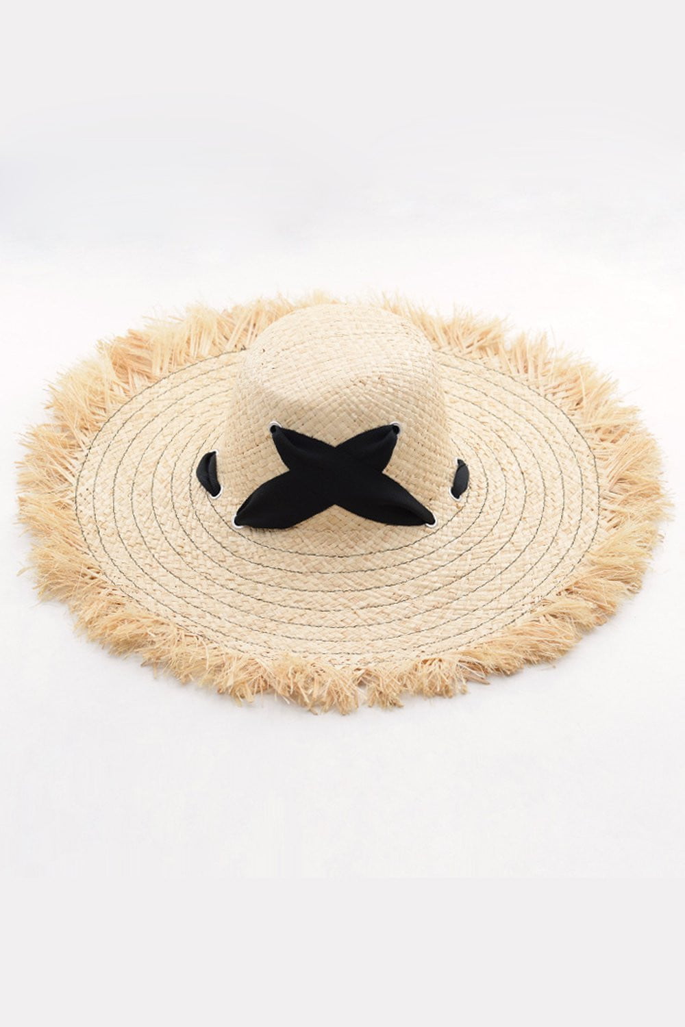 Raffia Straw Edging Hat With Chin Tie