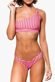 Red Gingham Knotted One Shoulder Bikini Top - MomyMall