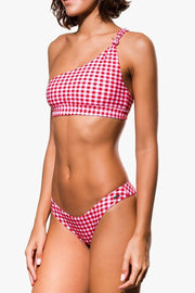 Red Gingham Knotted One Shoulder Bikini Top - MomyMall