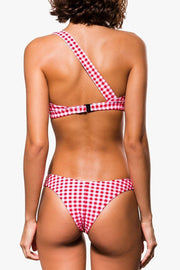 Red Gingham Knotted One Shoulder Bikini Top - MomyMall