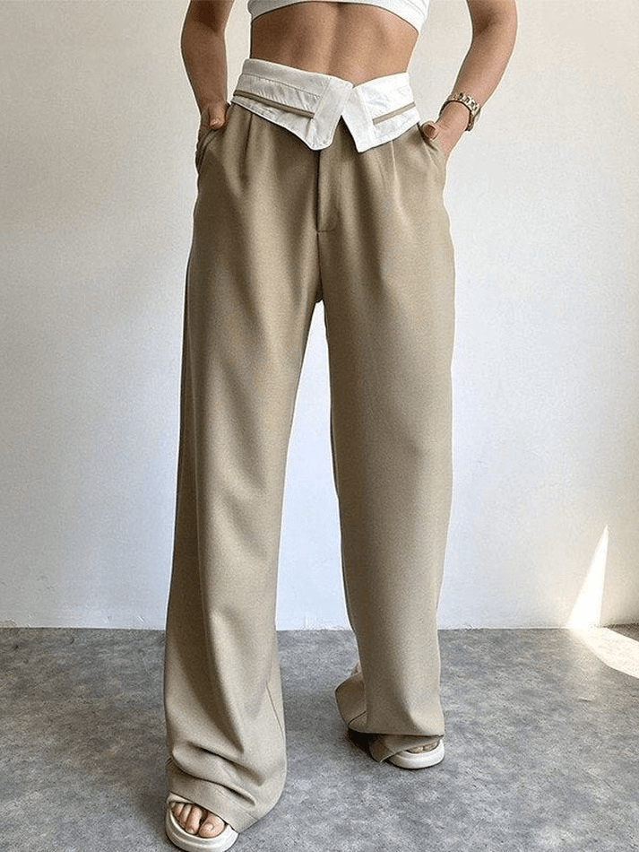 Fold Over Waist Baggy Casual Pants - MomyMall Beige / S