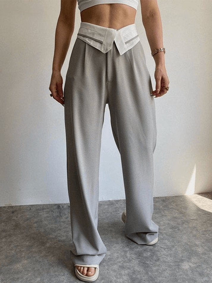Fold Over Waist Baggy Casual Pants - MomyMall Gray / S
