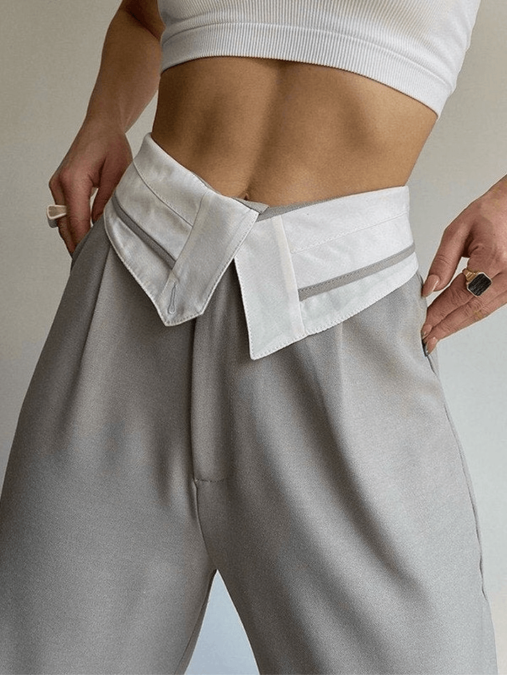 Fold Over Waist Baggy Casual Pants - MomyMall