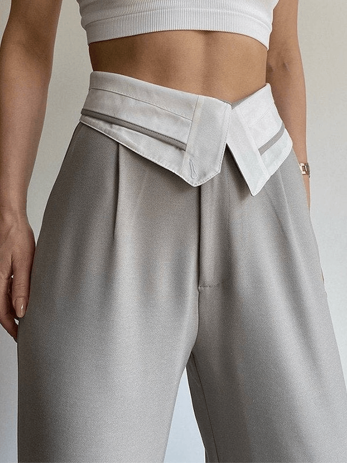 Fold Over Waist Baggy Casual Pants - MomyMall