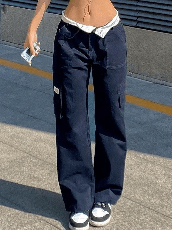 Fold Over Waist Y2K Straight Leg Pants - MomyMall Navy Blue / S