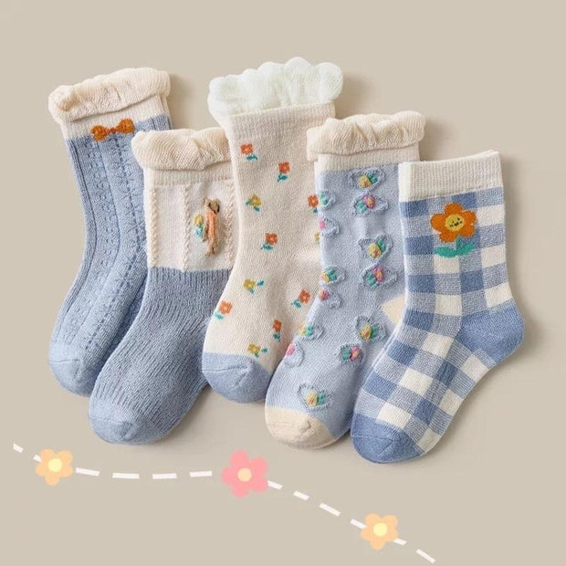 Forest Floral Ruffled Socks [Set of 5] - MomyMall 1-3 Years / Blue