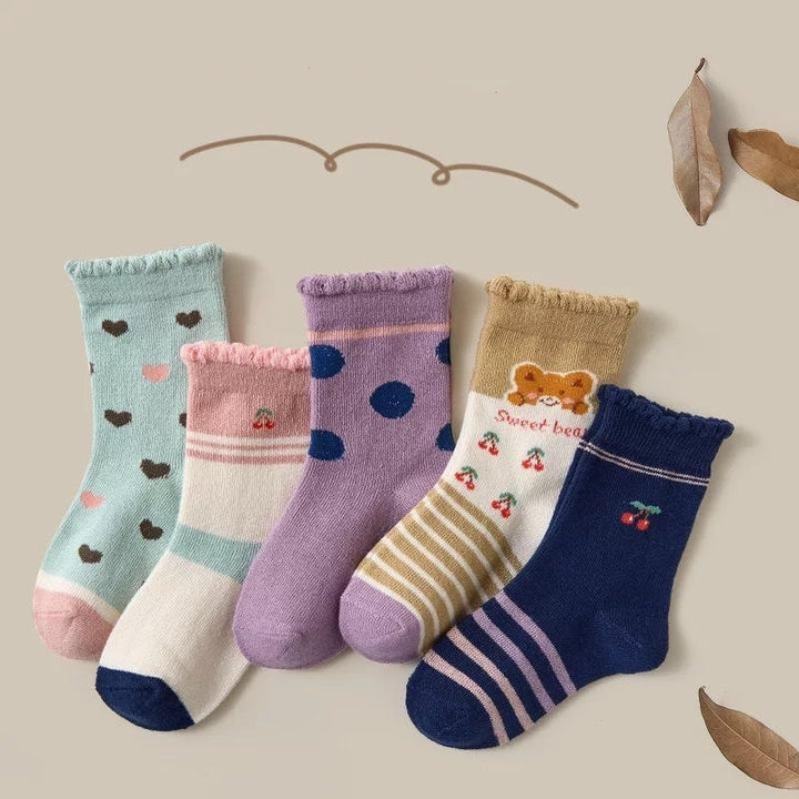 Forest Floral Ruffled Socks [Set of 5] - MomyMall 1-3 Years / Cherry Bear