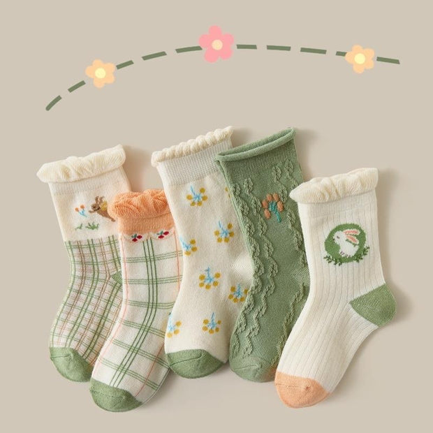Forest Floral Ruffled Socks [Set of 5] - MomyMall 1-3 Years / Green