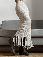 Jupe longue en tricot creux au crochet à franges