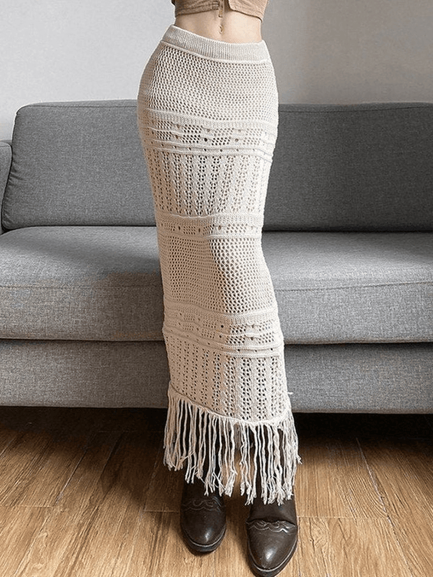 Jupe longue en tricot creux au crochet à franges