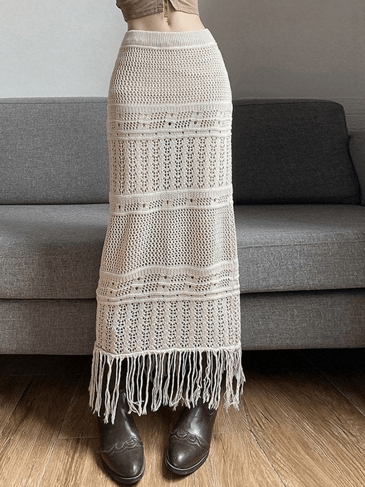 Jupe longue en tricot creux au crochet à franges