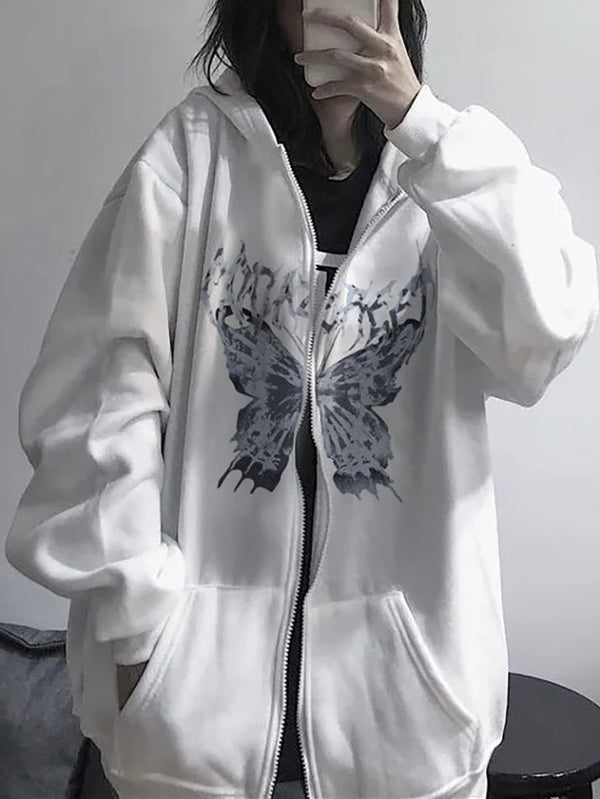 Front Butterfly Printed Oversized Hoodie - MomyMall White / S