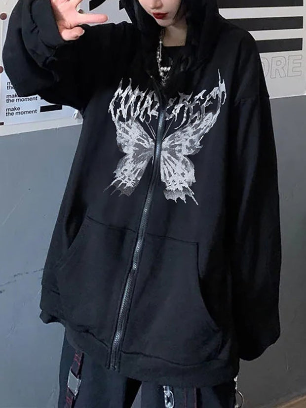 Front Butterfly Printed Oversized Hoodie - MomyMall Black / S