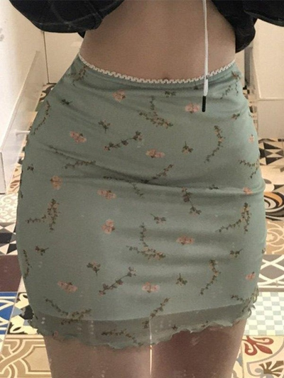 Gauze Ditsy Floral Mini Skirt - MomyMall Green / S