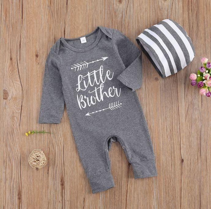 Little Brother Romper with Striped Hat (3 Colors) - MomyMall Gray / 0-3 Mo