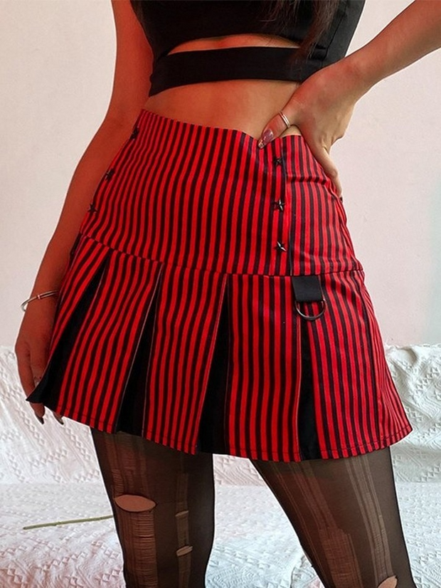 Gothic Patchwork Striped Pleated Mini Skirt